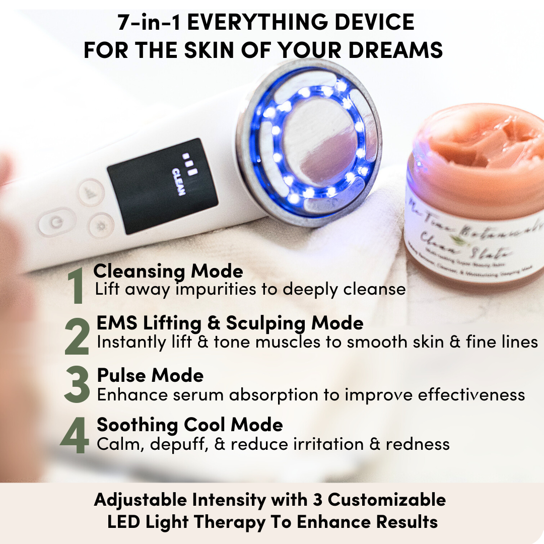 Me Time Botanicals Everything Device with blue LED light activated, paired with Clean Slate cleansing balm, highlighting its 7-in-1 skincare benefits, including cleansing, EMS lifting, serum infusion, soothing cool mode, and customizable LED light therapy for enhanced results