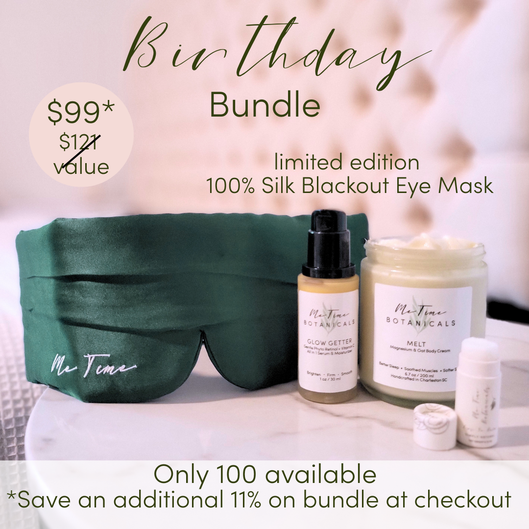 Limited edition birthday bundle with a dark green luxurious 100% silk blackout  eye mask, Glow Getter, Melt Magnesium Body Cream, and a lip balm to help you rest and wake up glowing