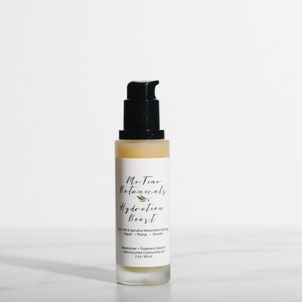 Skincare bottle with a black cap and white label on a light gray background