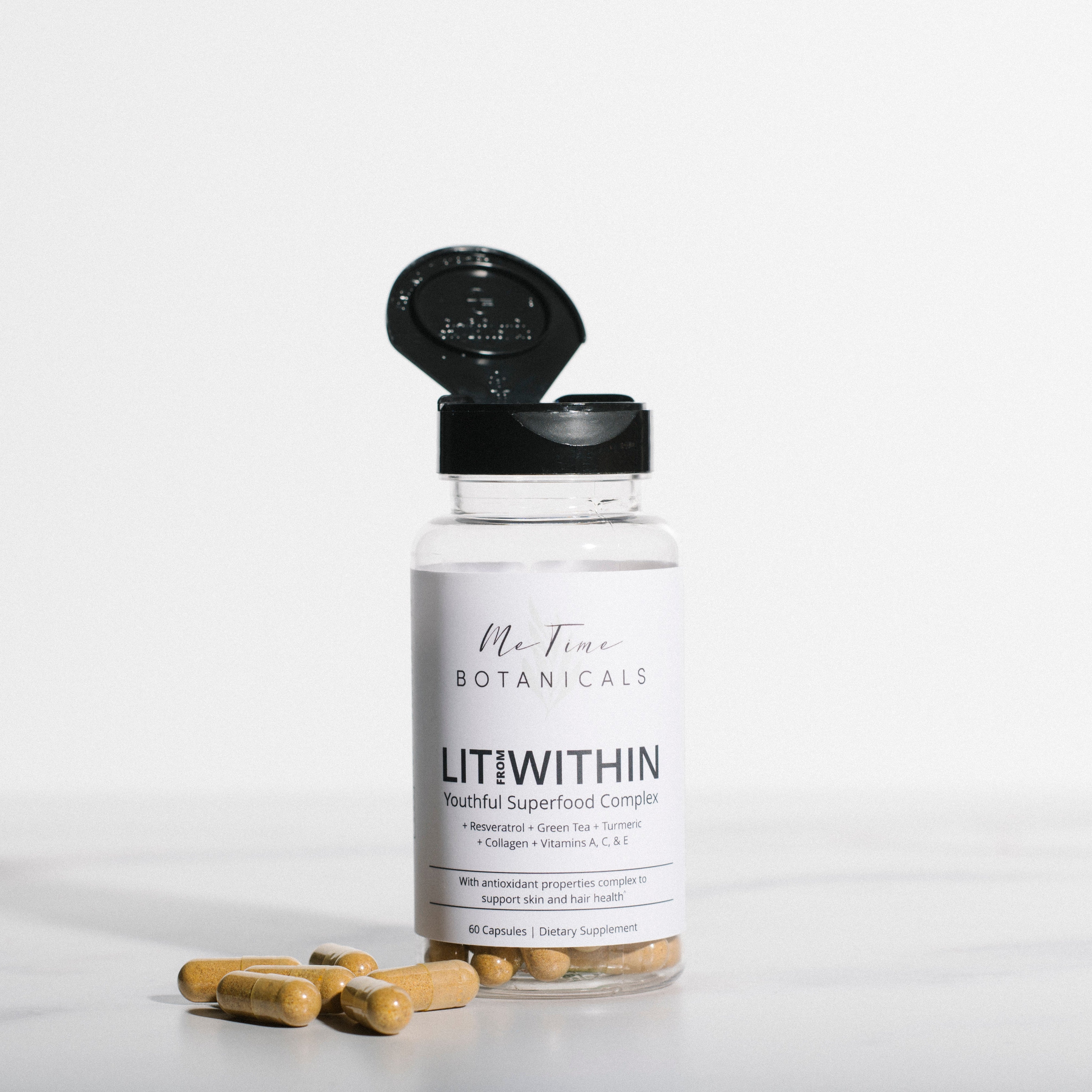 Bottle of 'LITWITHIN' supplement with capsules on a light gray background