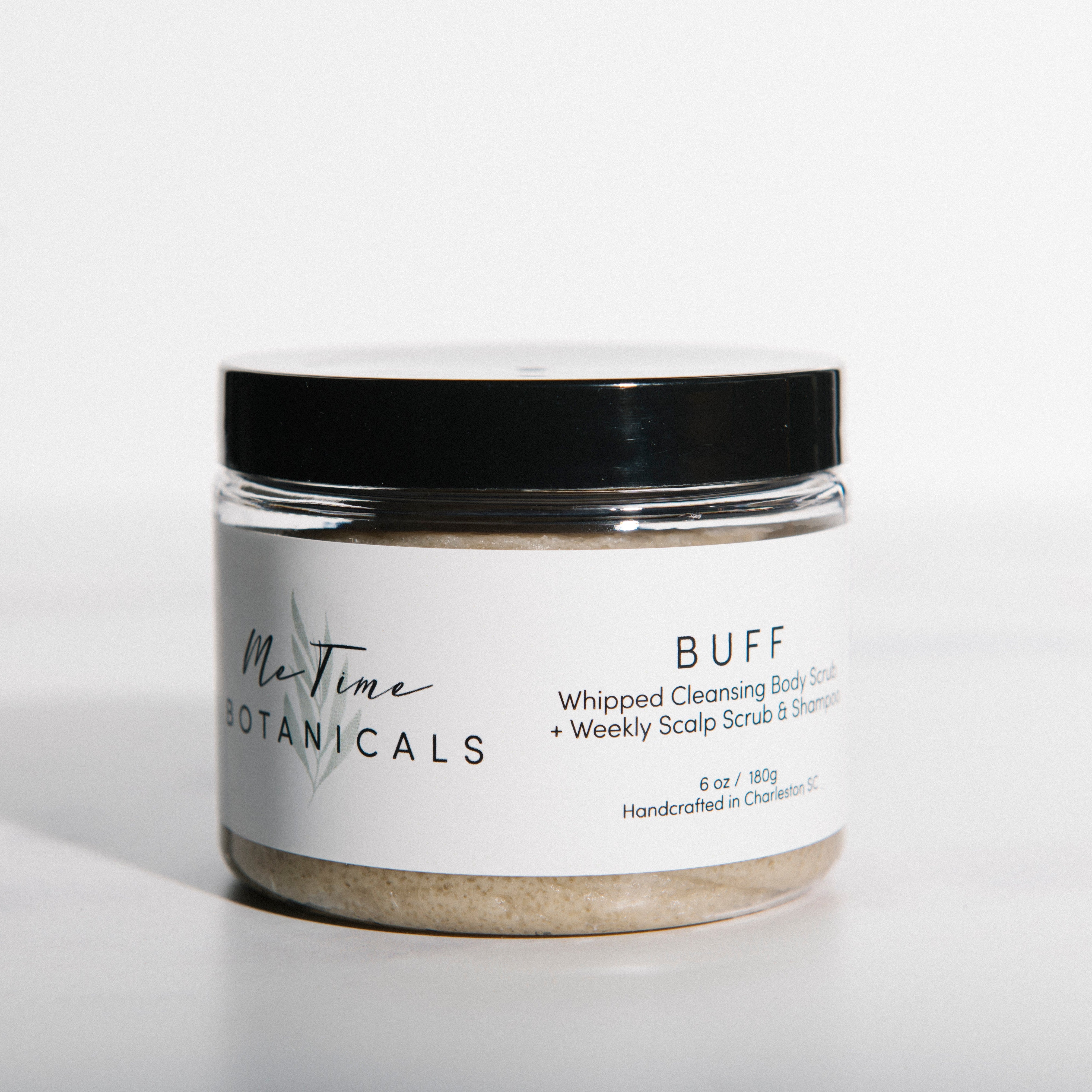 Jar of 'BUFF' whipped cleansing body scrub from Me Time Botanicals on a white background